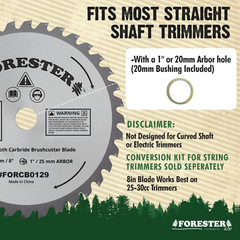 FORESTER Carbide Tip Brush Cutter Blade - 8in x 32 Teeth | Fits Most Straight Shaft Trimmers | Conversion Kit Sold Separately - Image 2